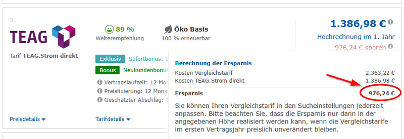 Preisbeispiel Stromanbieter Ersparnis vom 02.10.2025