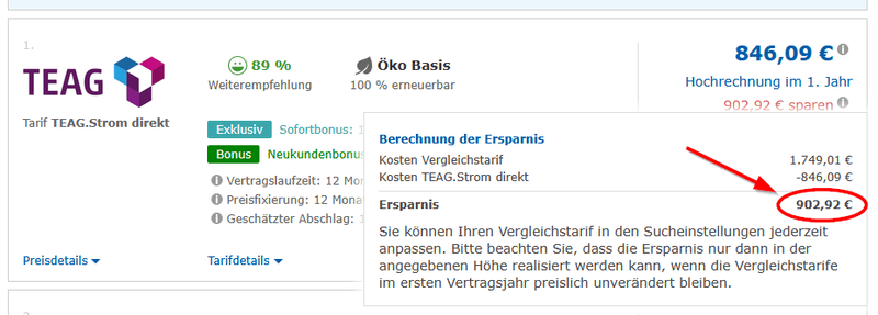 Preisbeispiel Stromanbieter Ersparnis vom 03.10.2025